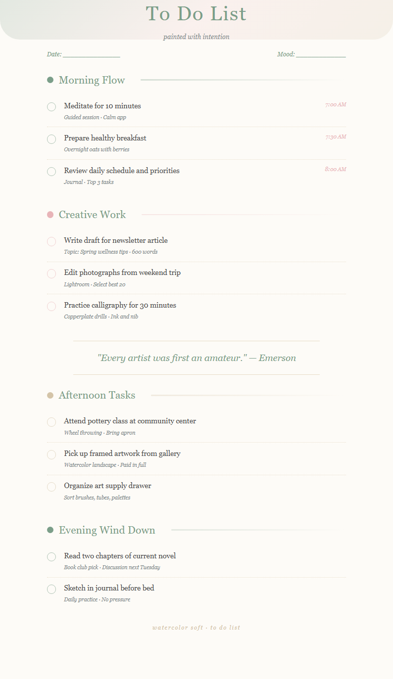Watercolor soft to do list with artistic washes